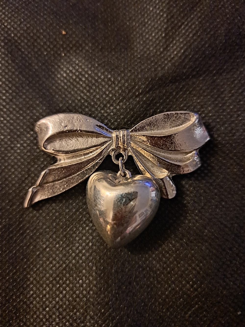 Silver Bow Brooch with Dangling Heart Charm